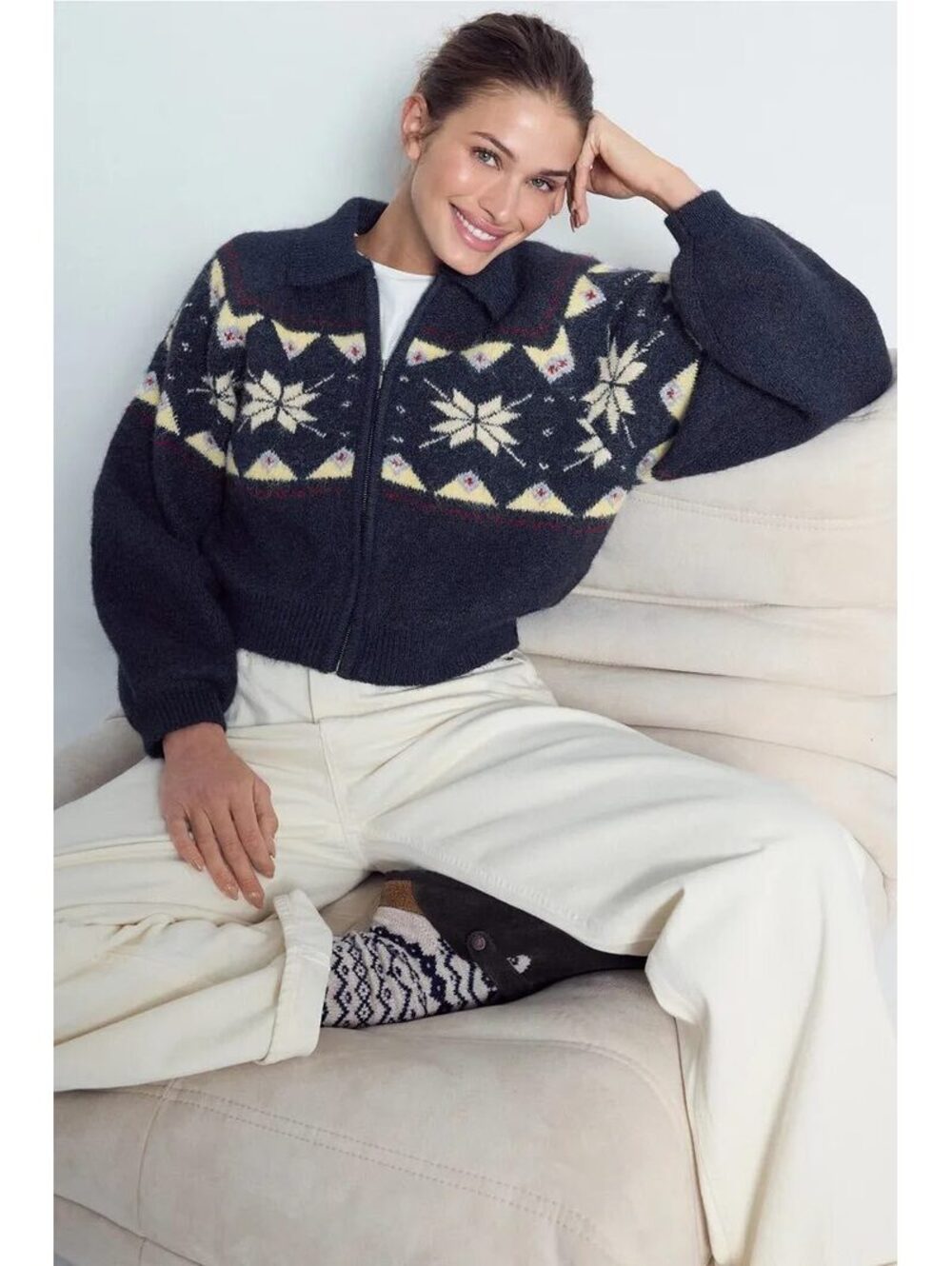 BLANKNYC Fair Isle Zip Sweater XS Navy Cropped Nordic Knit Balloon Sleeve